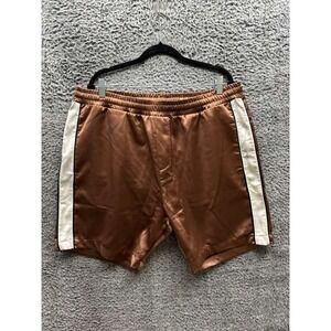 Reiss X Che High‎ Rise Stripe Elastic Waist Satin Swim Shorts Brown Mens Size 38